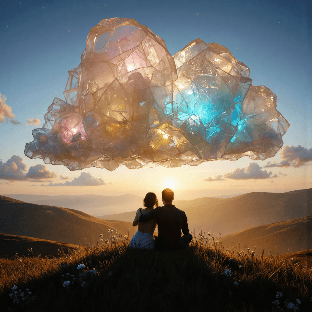AI generated: A surreal landscape at dusk, with massive clouds made entirely of transparent, crystalline glass flo...