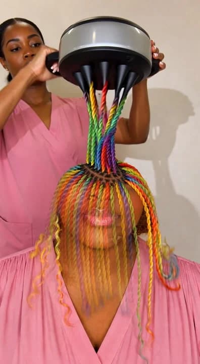 AI generated video: Using a very big automation twisting round machine on my client who have rainbow colour hair for rai...