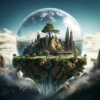 AI generated video:  A city within a sphere, the sphere rotates from left to right, waterfalls from the bottom of the sp...