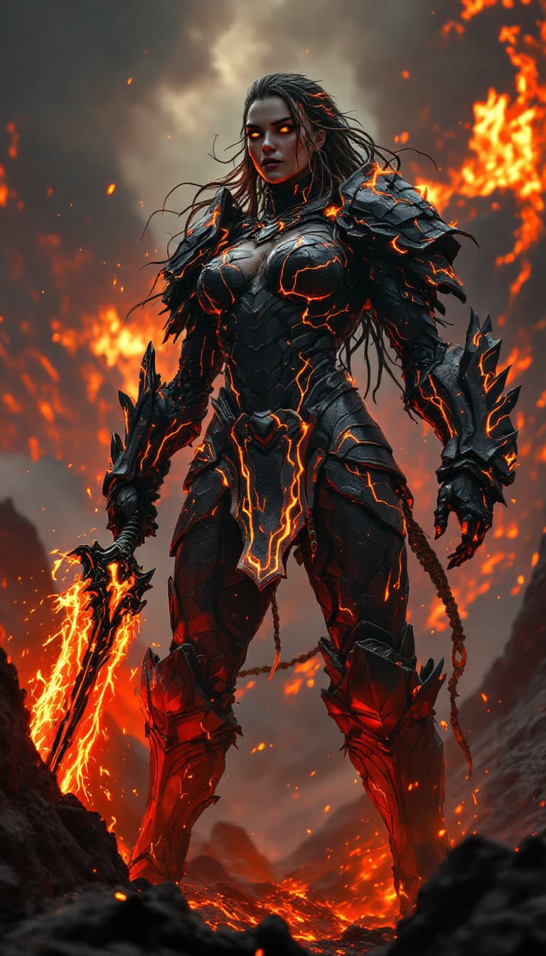 AI generated: An ultra-realistic, full-body depiction of a powerful and imposing lava queen woman, exuding fiery i...