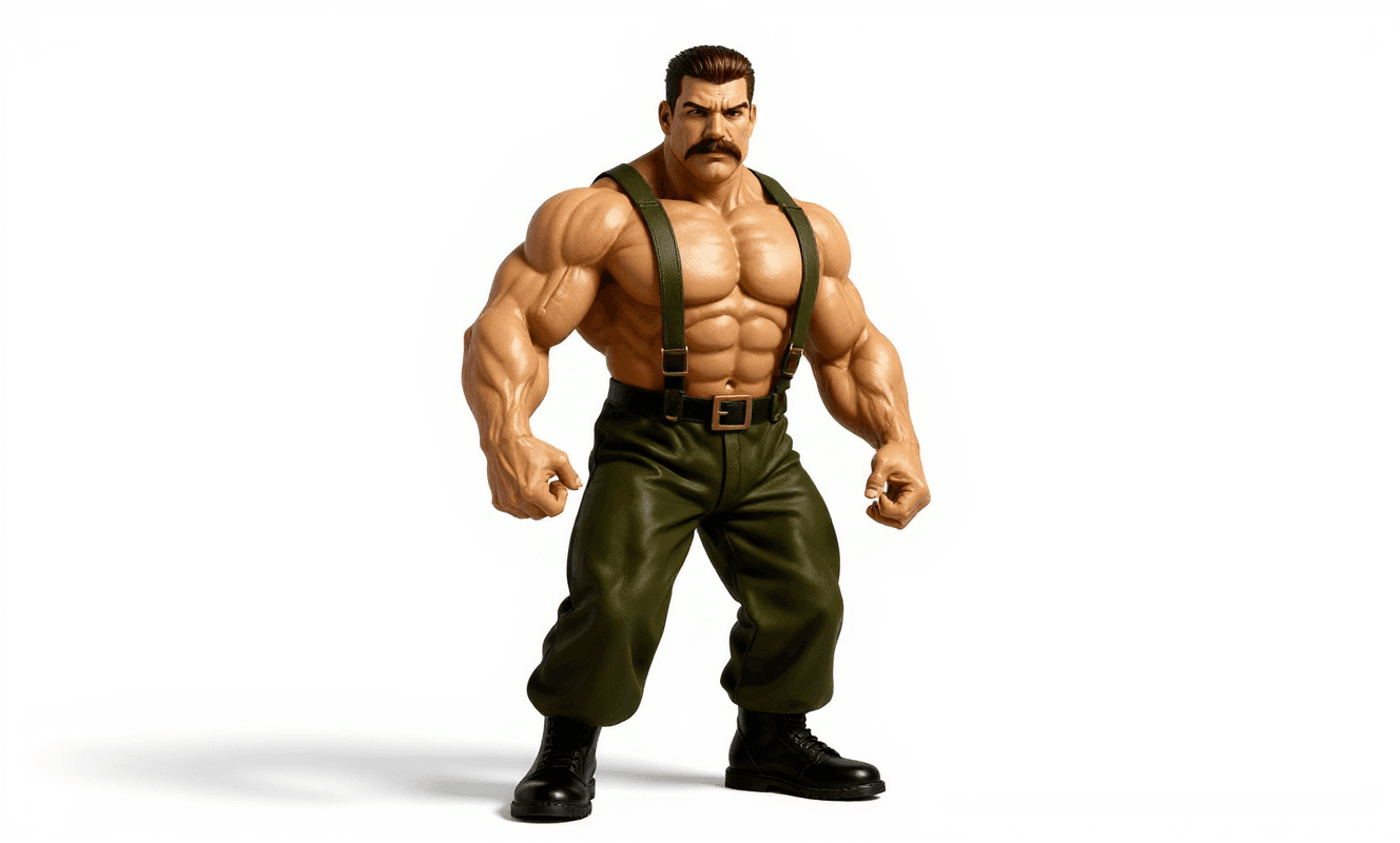 AI generated: A full-body, photo-realistic portrait of a muscular man inspired by Mike Haggar from the Final Fight...