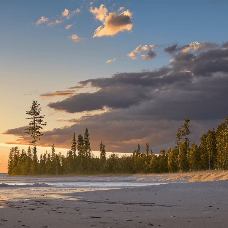 AI generated: oil on canvas,
sparse clouds in a soaring sky, 
beach, birch trees
beautiful setting, early evening,...