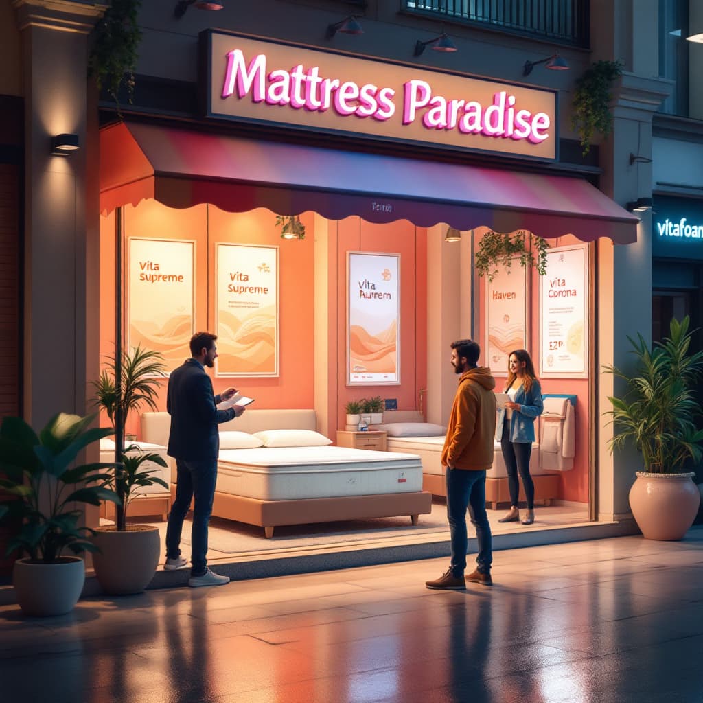 AI generated: A " Mattress Paradise" shop outlet with a customer negotiating a price of vita supreme mattress, sho...