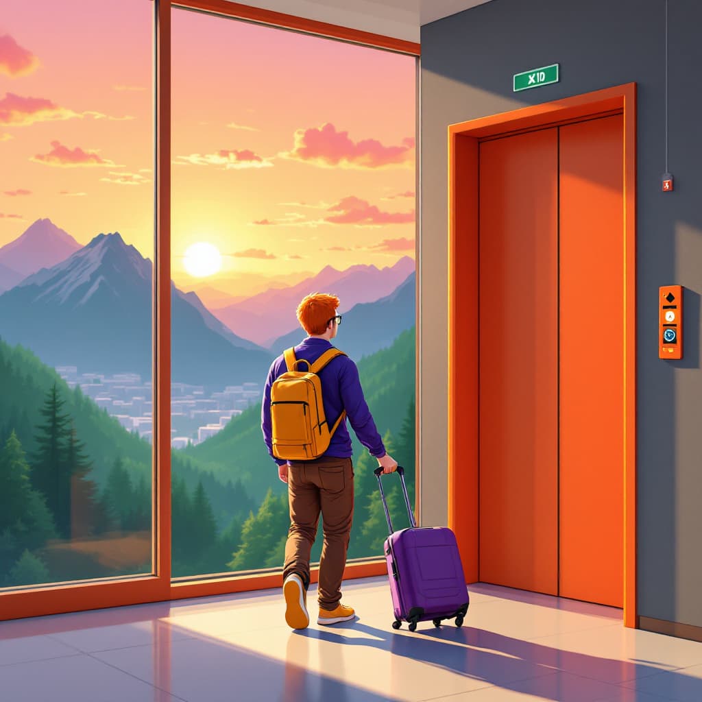 AI generated: an orange elevator opened, marking the thrid floor, with a view to the sunset sky and green mountain...