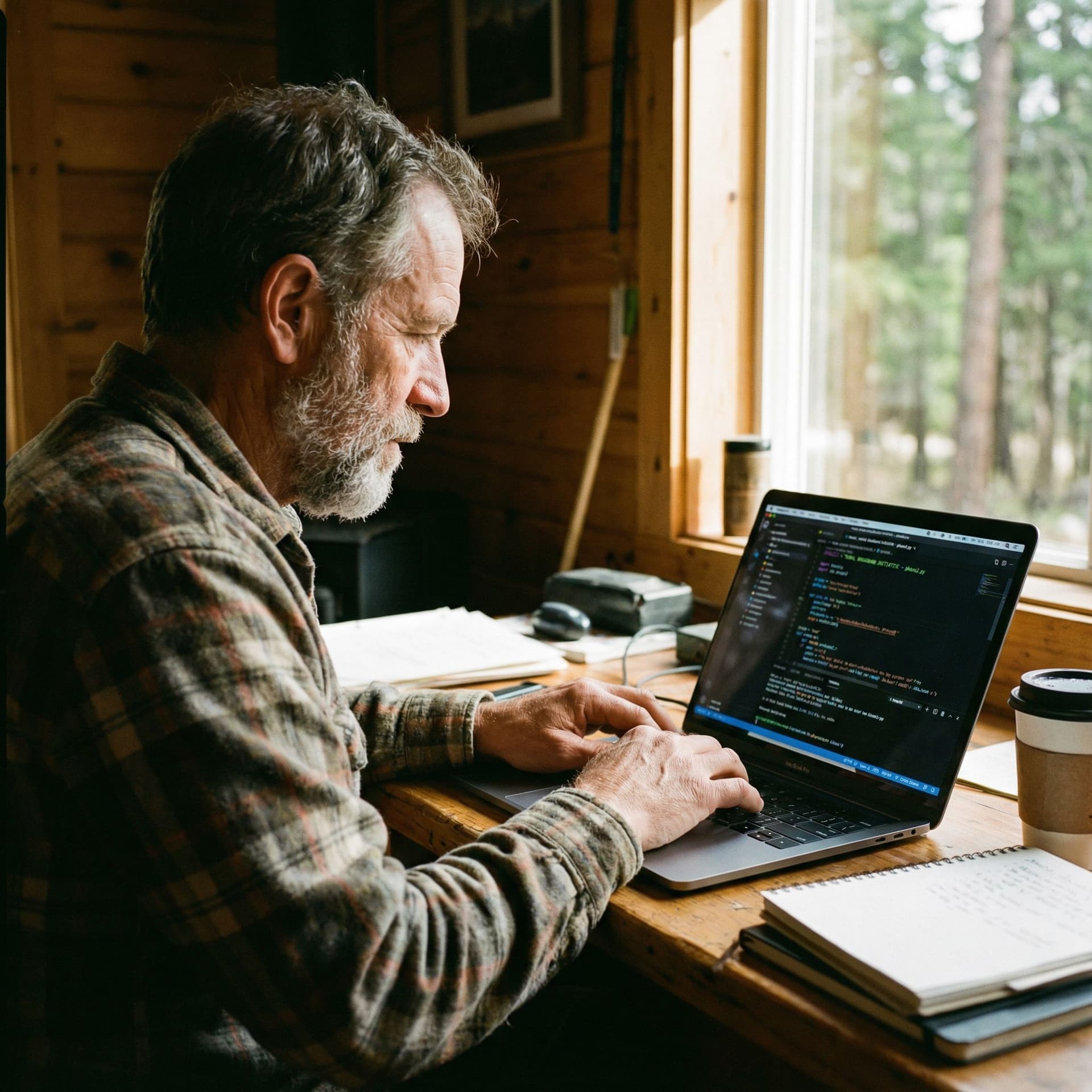 AI generated: A man wornking on his computer, the screen is visible