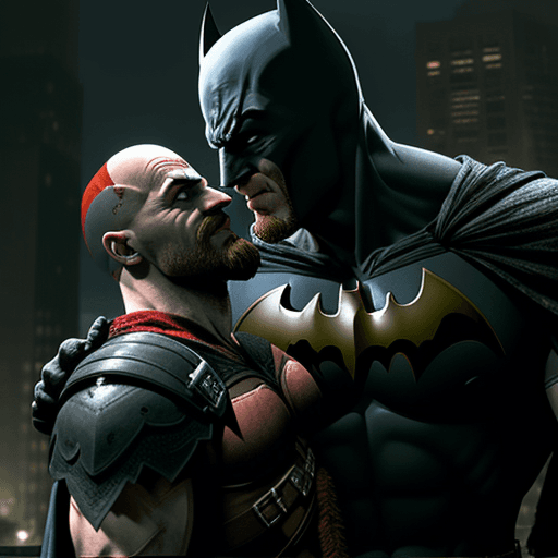 AI generated: Kratos grabs Batman by the neck with his hand
