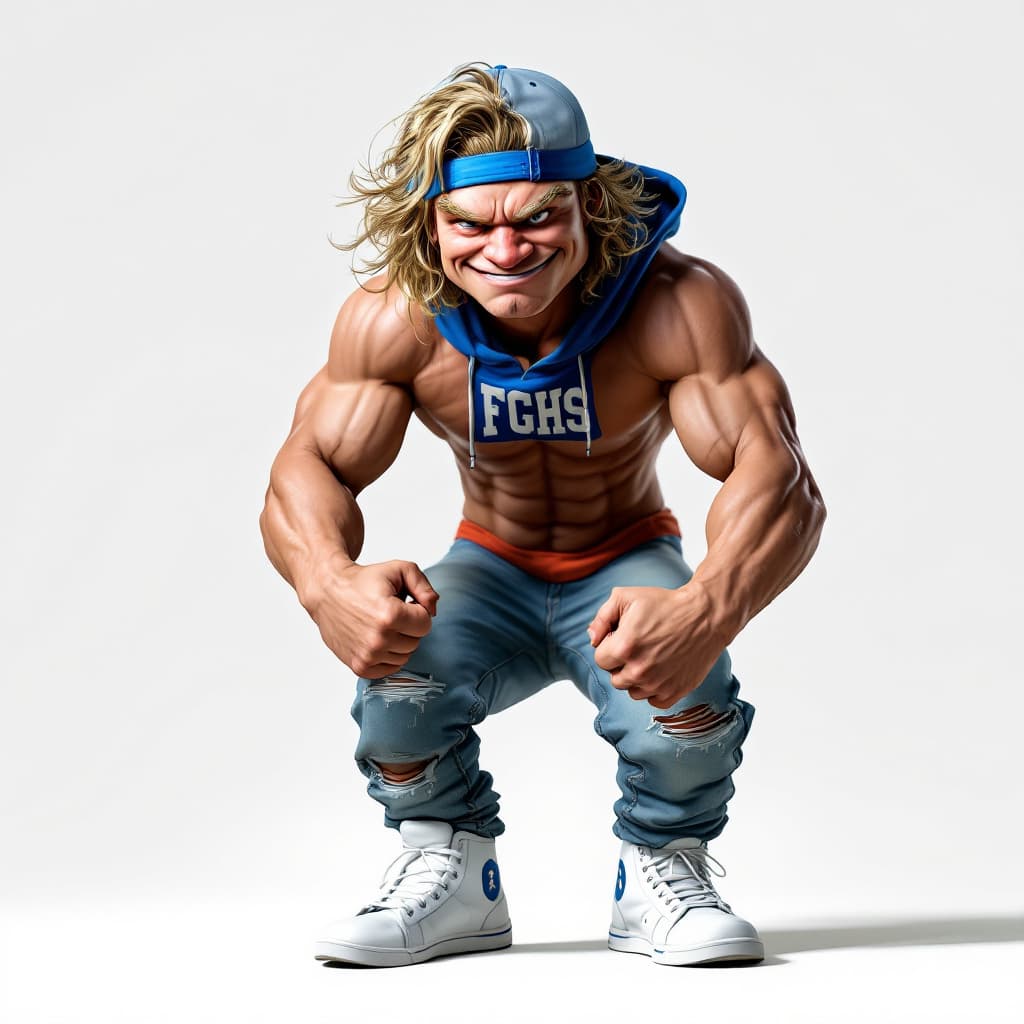 AI generated: Ulltra realistic, College wrestler, chiseled jaw, round face, smirking, curly blonde shoulder length...