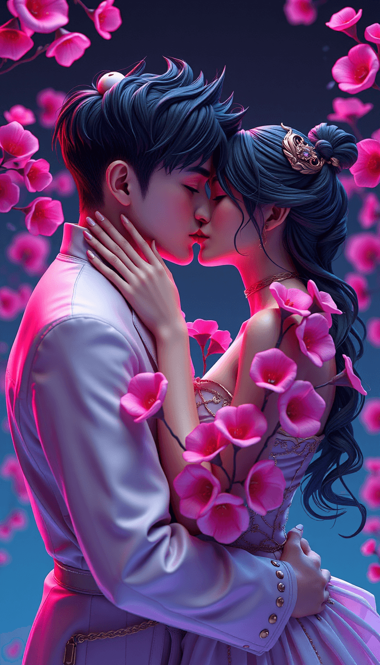 AI generated: a couple hugging and kissing with pink flowers, in the style of cyberpunk futurism, gold and azure, ...