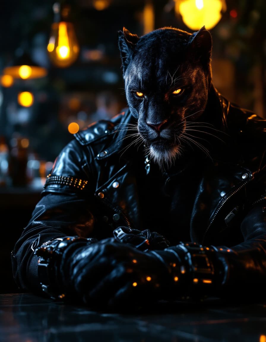 AI generated: a hyper realistic photograph of a stunning anthropomorphic panther modern athletic machoman in biker...
