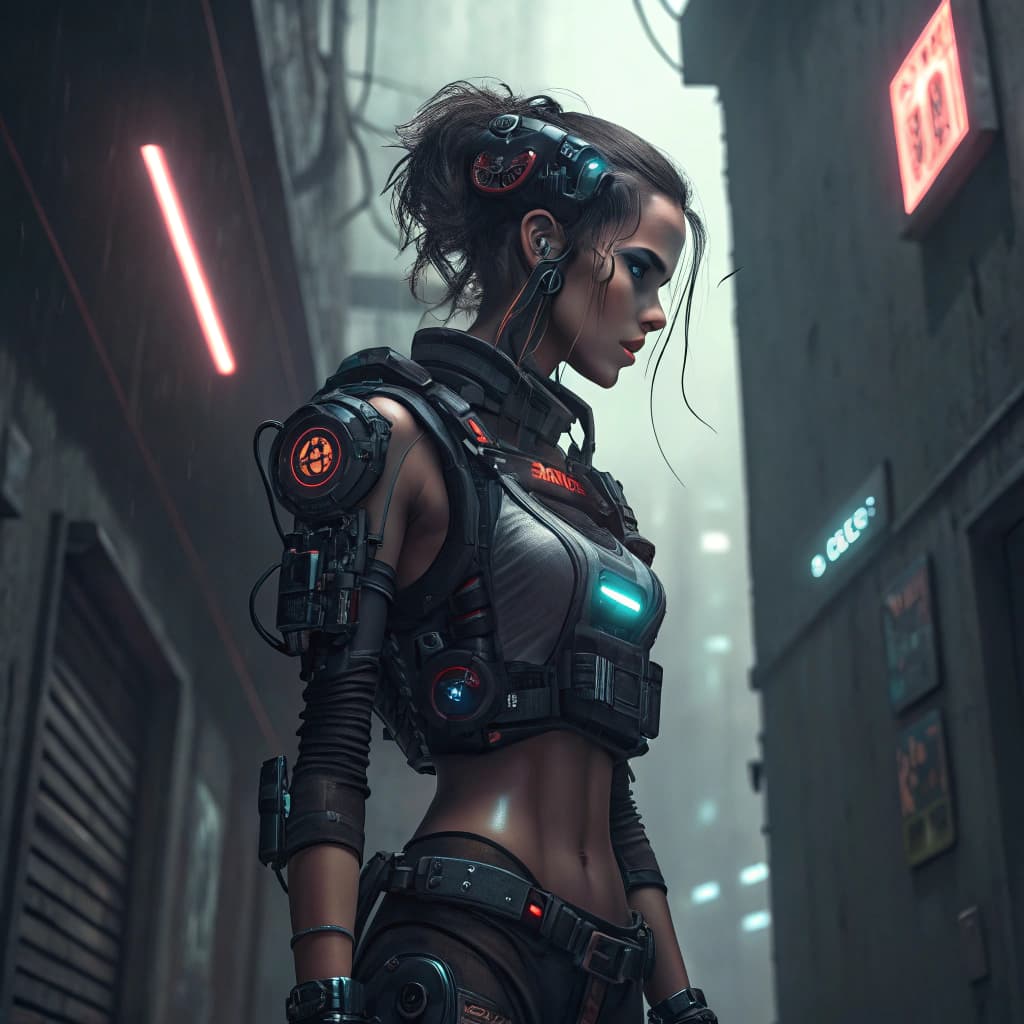 AI generated: highly detailed, futuristic illustration of a cybernetic girl, standing in a dimly lit corridors of ...