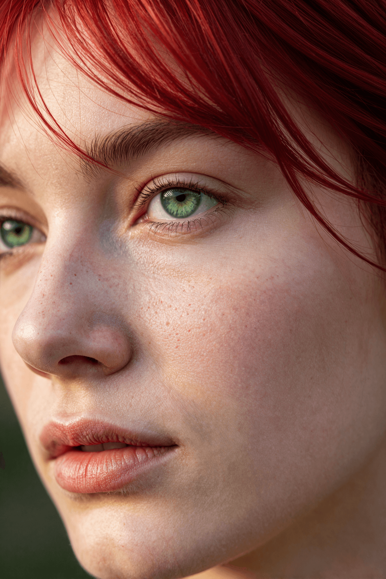 AI generated: A striking young German woman with luminous porcelain skin revealing intricate pore details and fain...