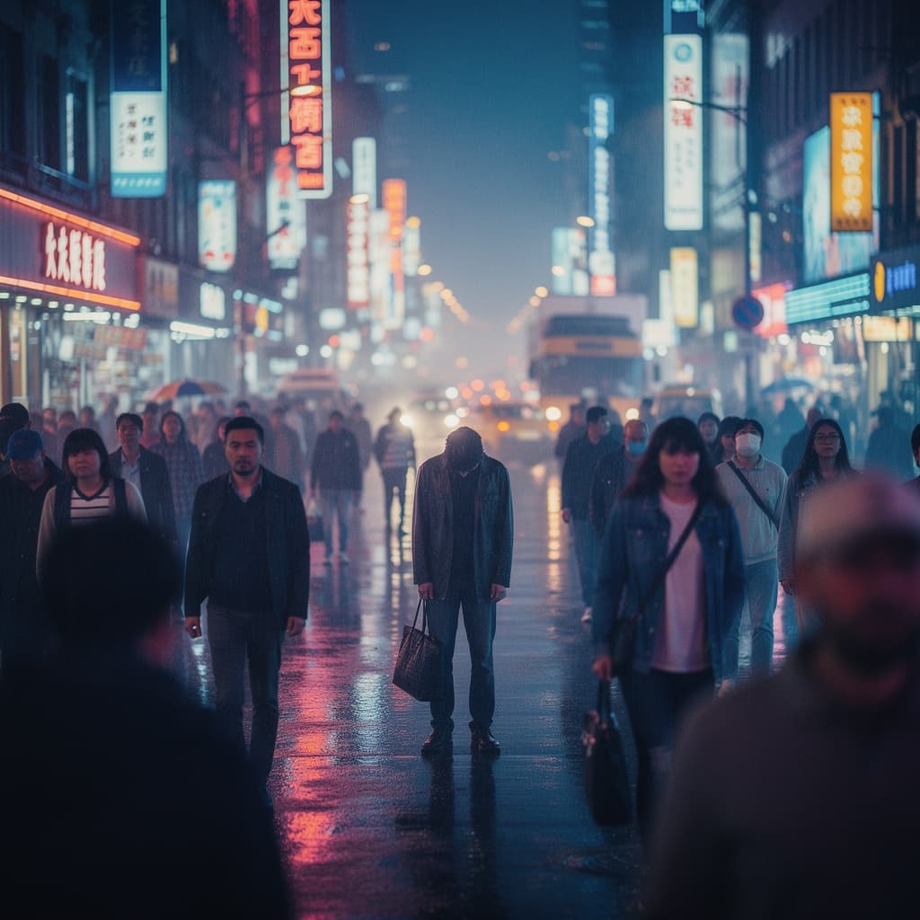 AI generated: lonely person in crowded urban street night neon lights bokeh cinematic moody atmospheric depth of f...