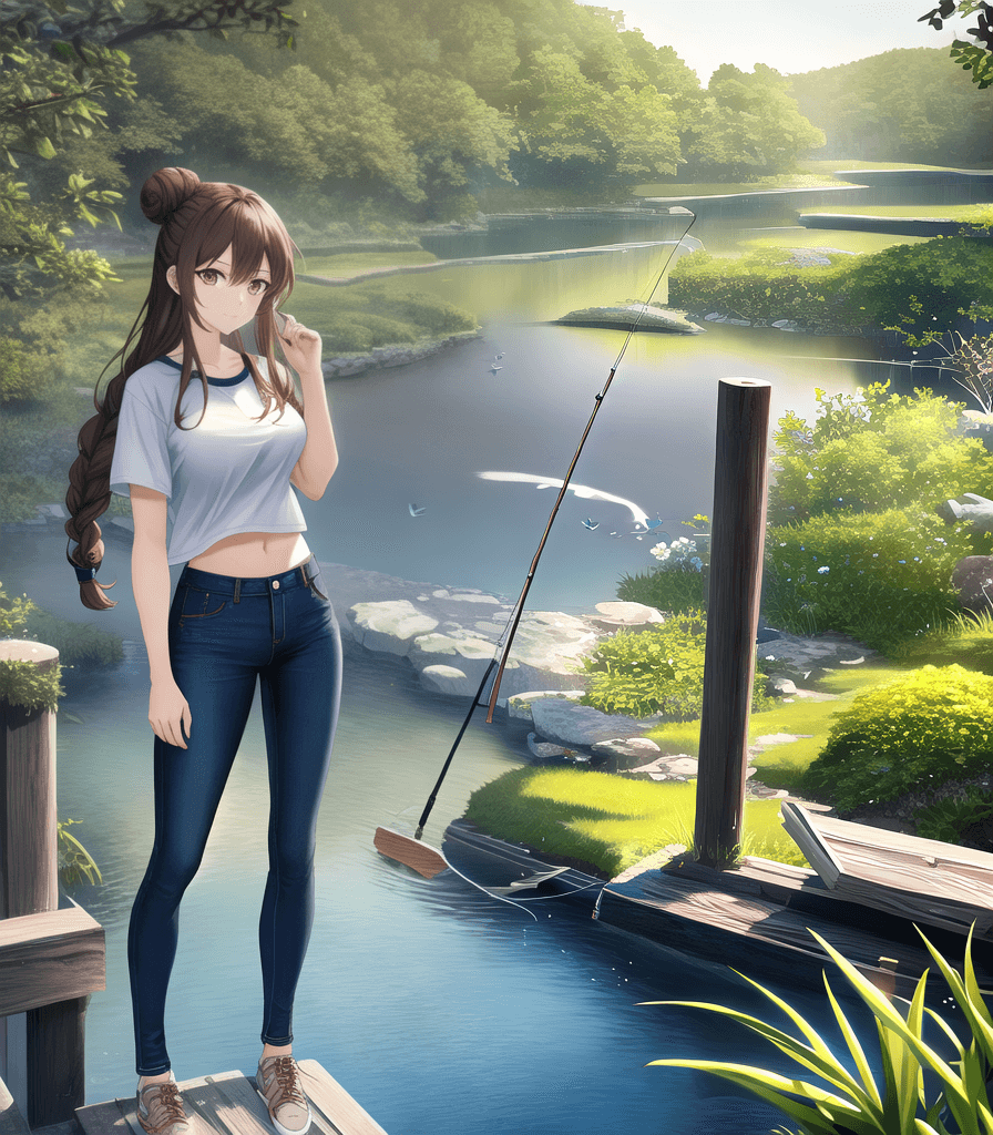AI generated: (perfect anime illustration), hot girl, long brown hair, braided buns, human, anime, t-shirt, jeans,...