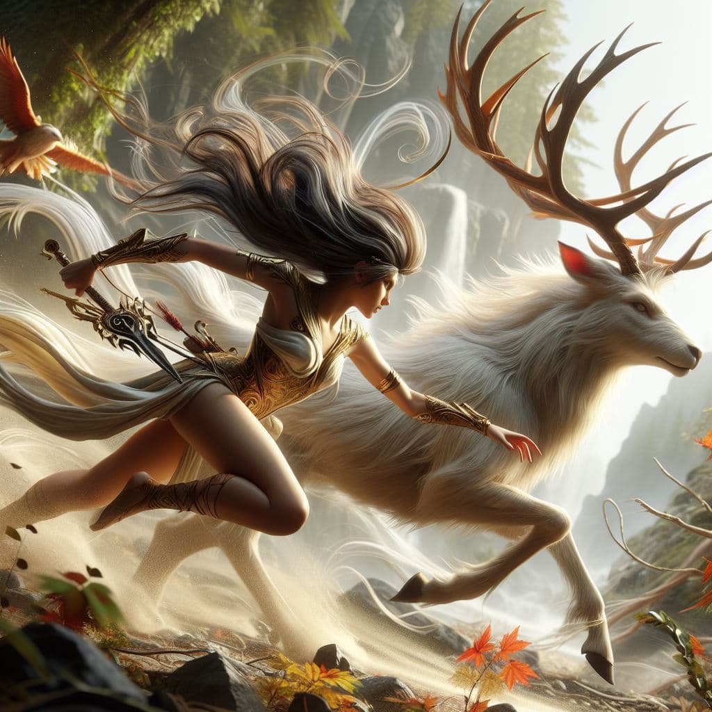 AI generated: a dynamic, action-packed composition with Artemis in the midst of a high-speed chase, pursuing a myt...