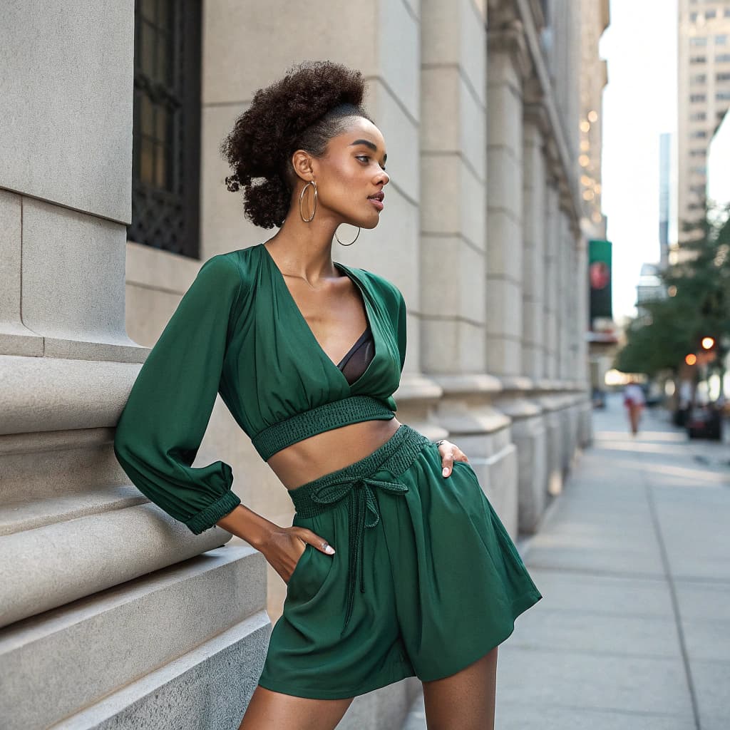AI generated: editorial photo of a beautiful, multiracial woman, bosomed with freckles modeling casual, deep green...