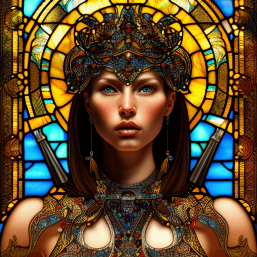 AI generated: stain glass window of goddess warrior, light shiny through, intricate, elegant, highly detailed, dig...