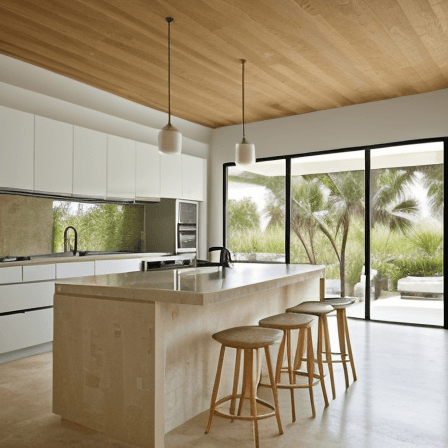AI generated:  interior design, open plan kitchen and living, limestone floor, U-shaped kitchen to the right, kitc...