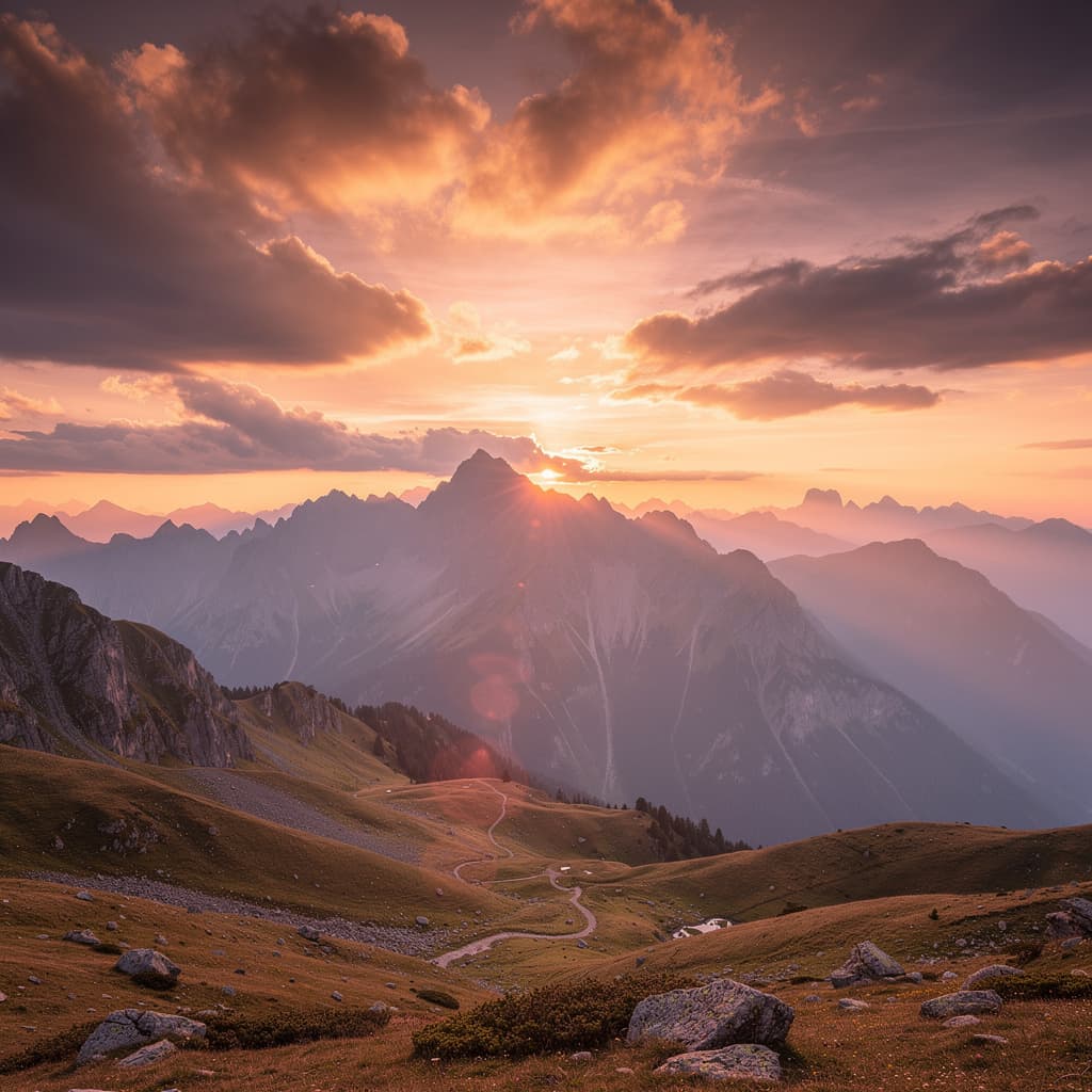 AI generated: A breathtaking beautiful sunset over mountains, golden hour lighting, vibrant orange and pink sky, d...