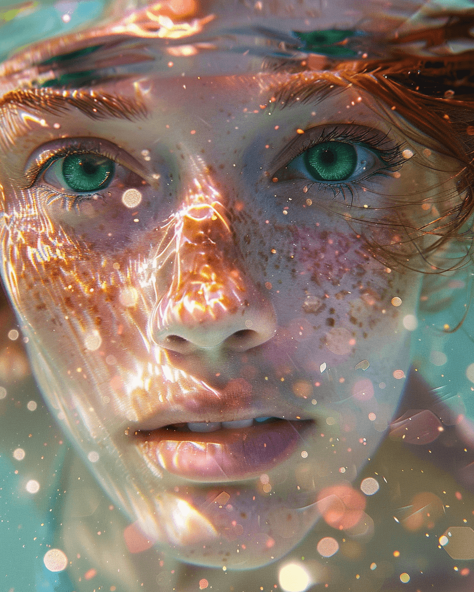 AI generated: A beautiful girl with big green eyes and long eyelashes is swimming underwater. The water around her...