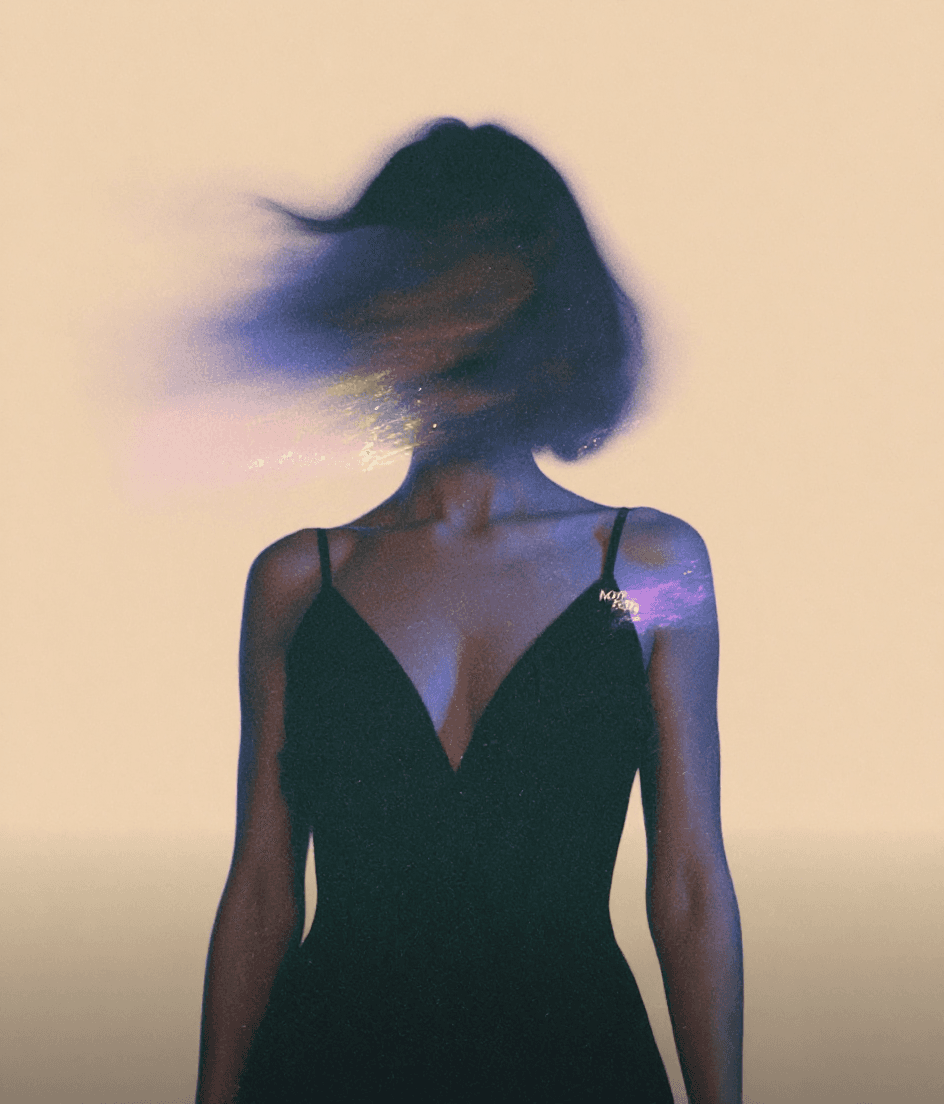 AI generated: A surreal, low-angle portrait of a woman dressed in an eveningwear elegant black dress, standing aga...