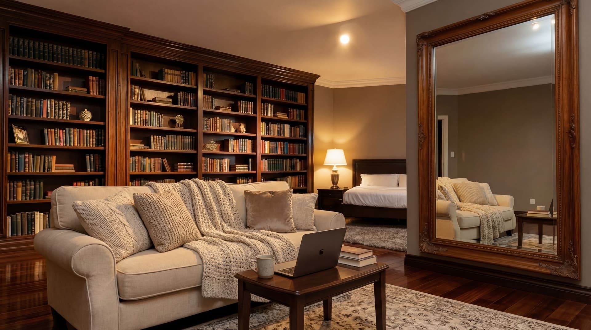AI generated: Add a cozy couch with pillows and a throw, a small - dark wood coffee table and a laptop on the coff...