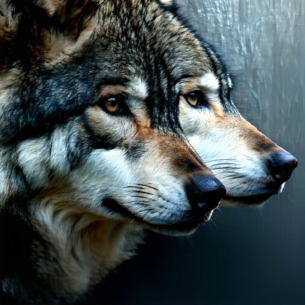 AI generated: Art illustration, sports minimalism style, fuzzy form, black wolf and white wolf, solid color backgr...