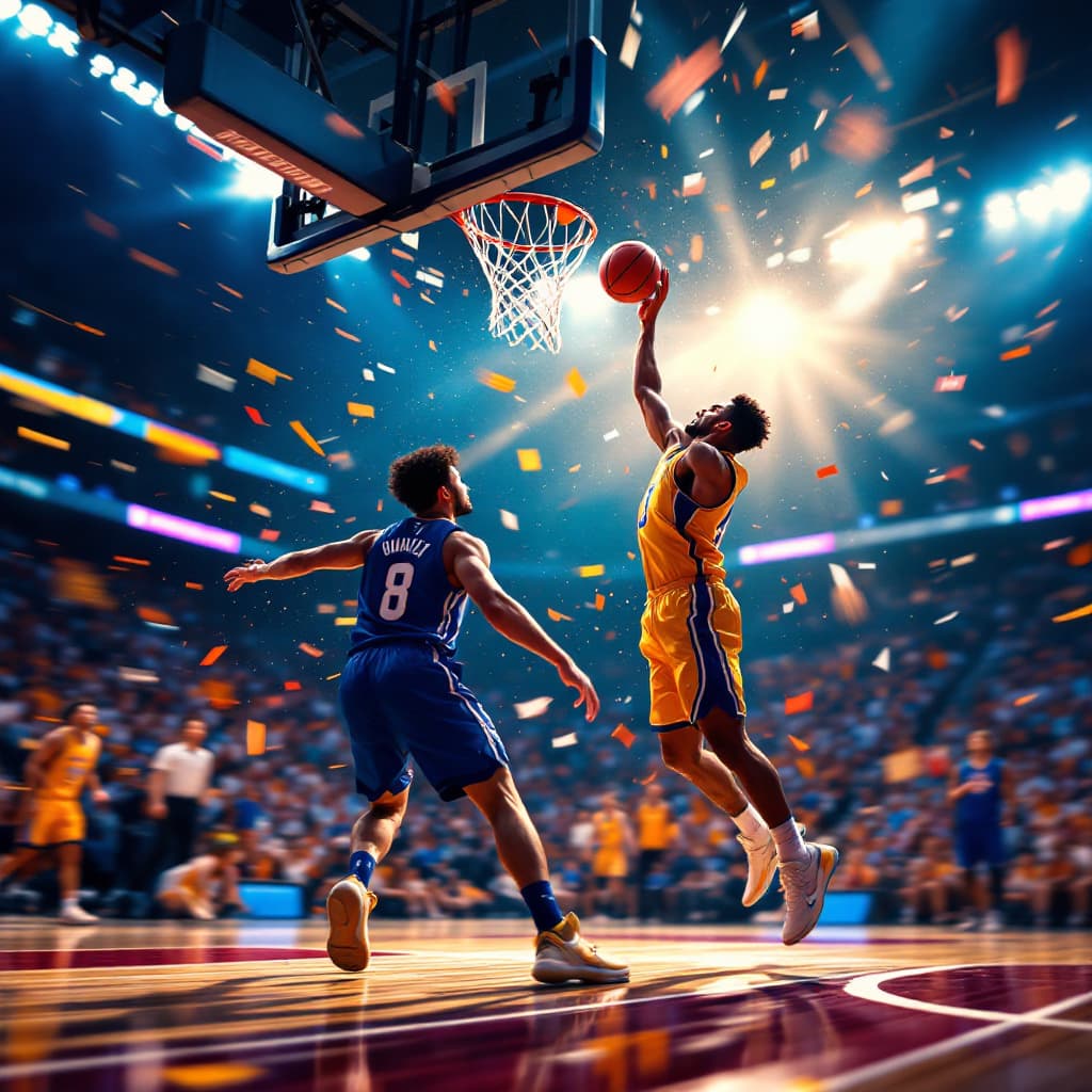 AI generated: "Partido intenso de baloncesto en una cancha bajo la luz de focos, jugadores saltando para un alley-...