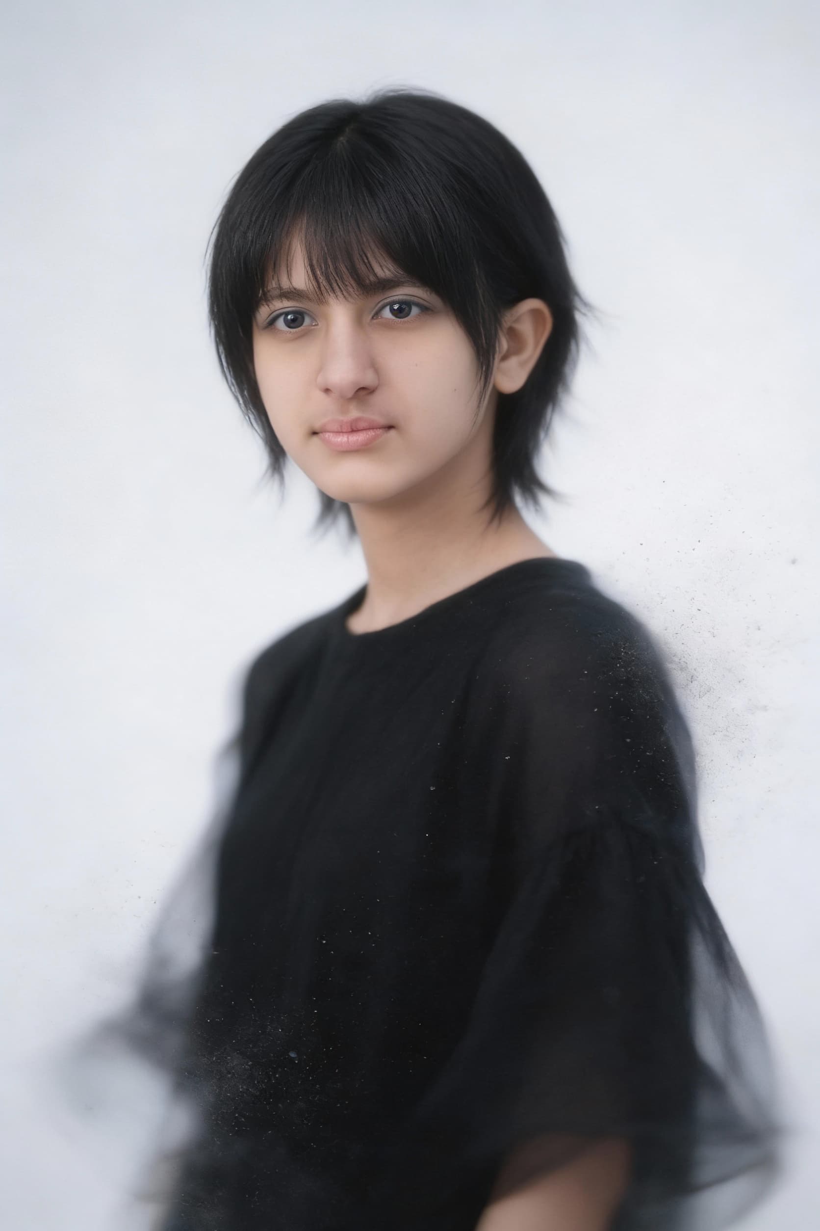 AI generated: blurry image of a girl, in the style of minimalist beauty, androgynous, light black, mote kei, seren...