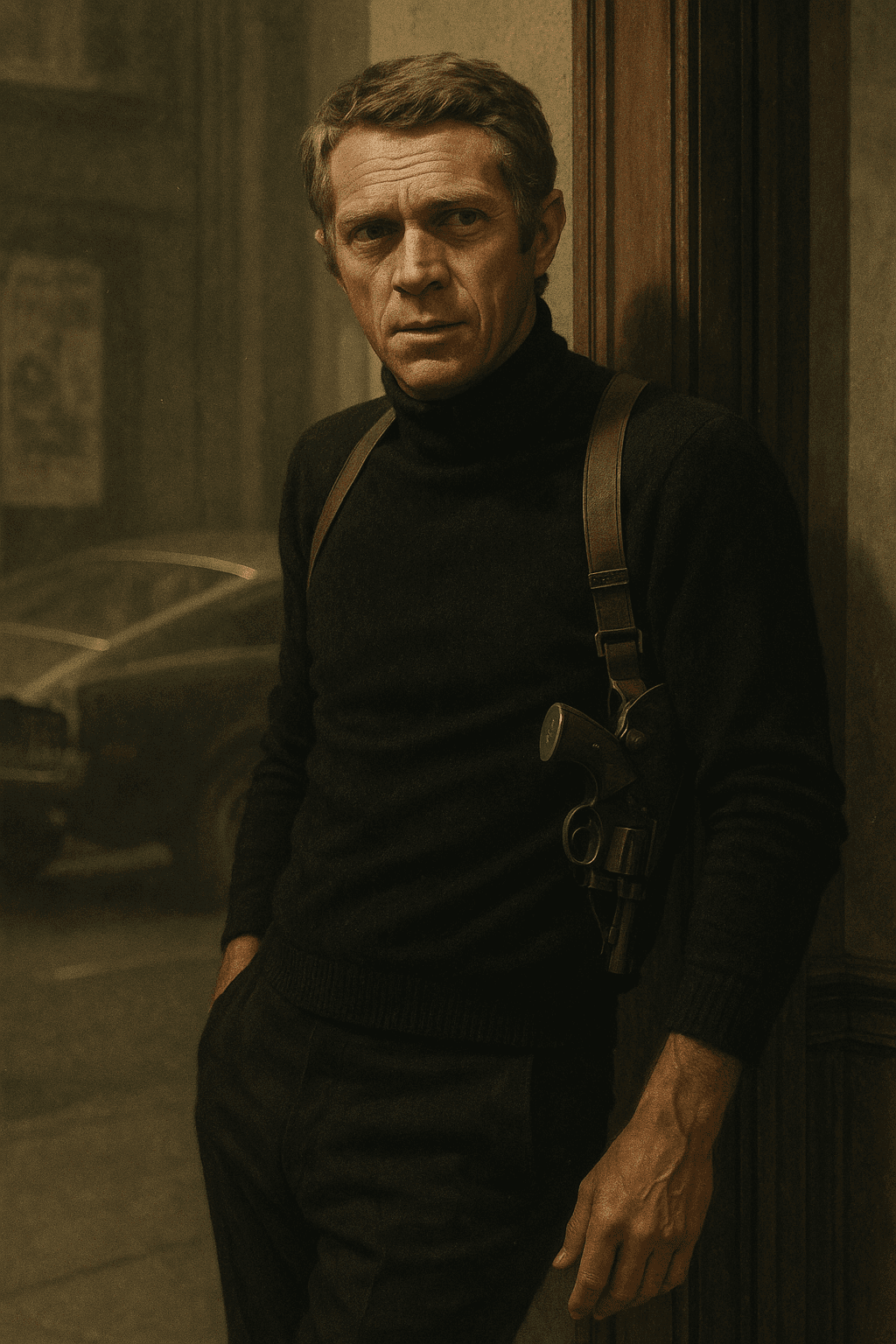AI generated: A highly detailed digital illustration in 9:16 format, depicting Steve McQueen as Bullitt from the 1...