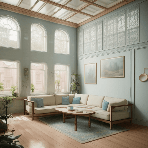 AI generated: High resolution photography interior design, dreamy sunken living room conversation pit, wooden floo...