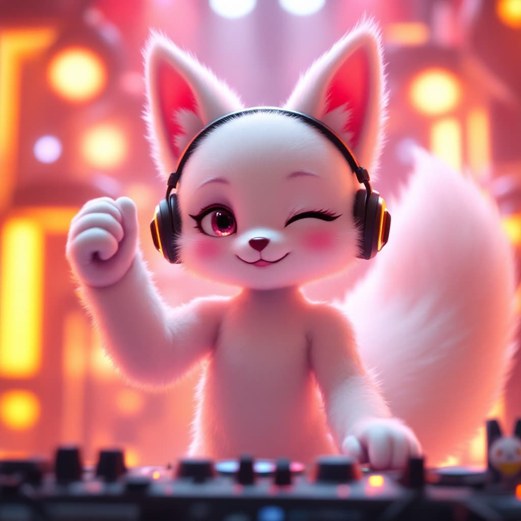 AI generated: No People in the background, white fox, thick tail, cat ears, 20s, DJing, machines are friends, wear...