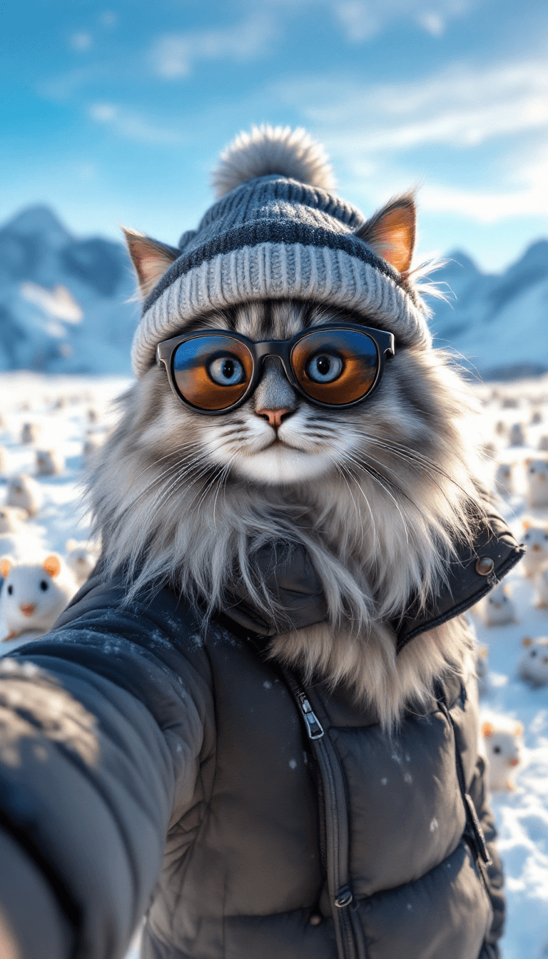 AI generated:  In the snow, there is an ice field with many mice standing on it. A real cute persian cat wearing S...