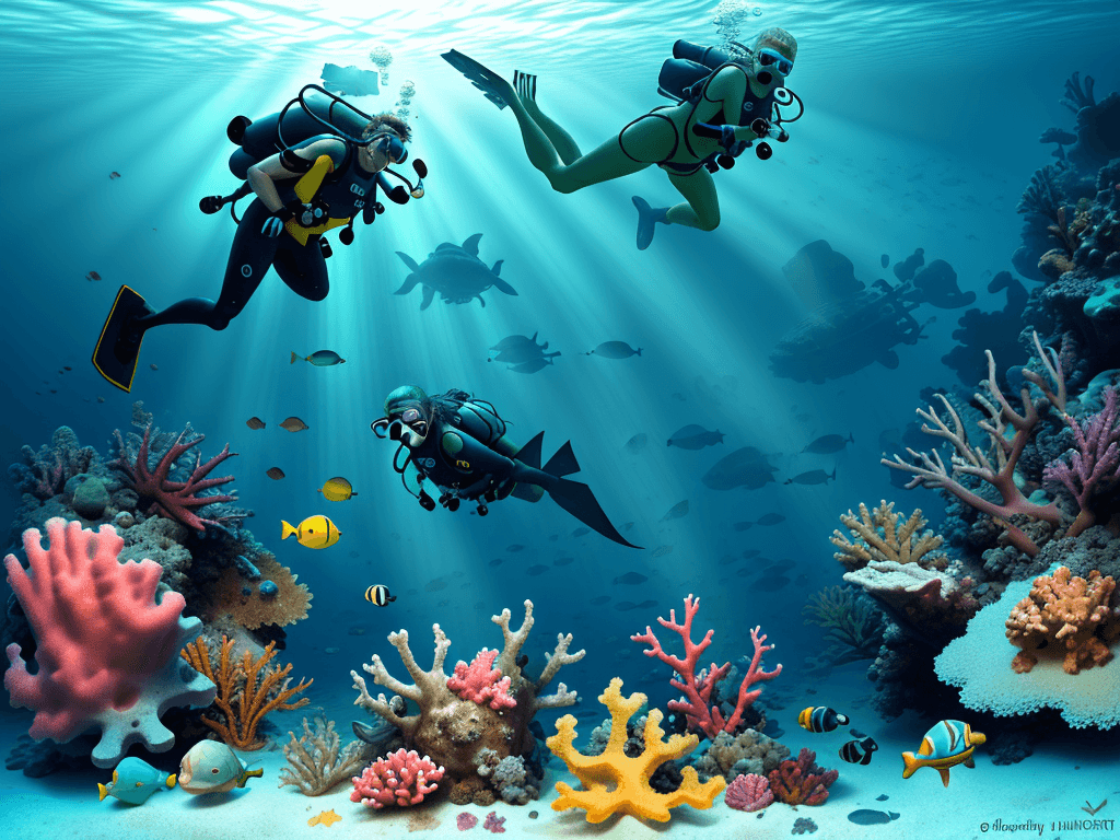 AI generated: Realistic diving photo of caribbean sea, old wreck on the sand, diver, green turtle, flashy fishes, ...
