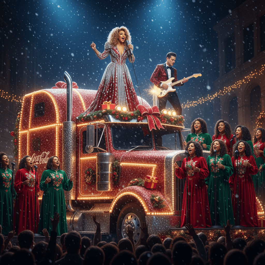 AI generated: A glamorous female superstar performing live atop a massive, dazzling Christmas Coca-Cola style truc...
