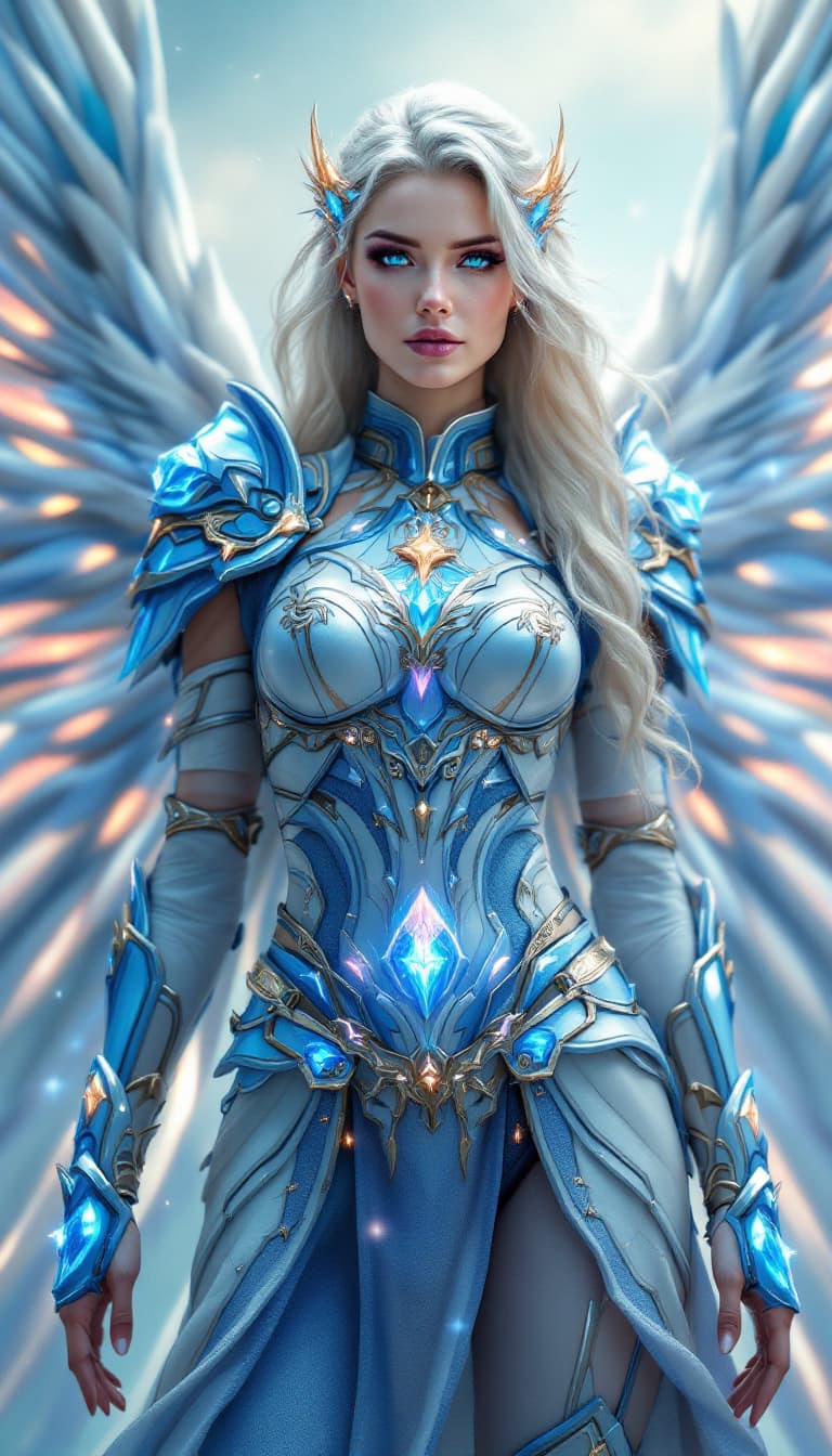 AI generated: An ultra-realistic, full-body portrait of a captivating celestial warrior woman, radiating divine mi...