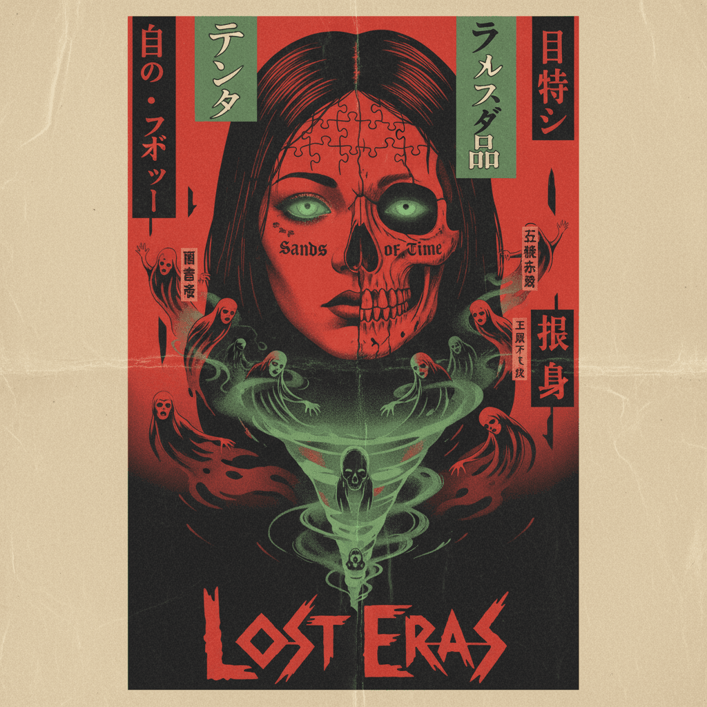 AI generated: A haunting surreal poster design with a high-contrast red and black duotone palette, inspired by ret...