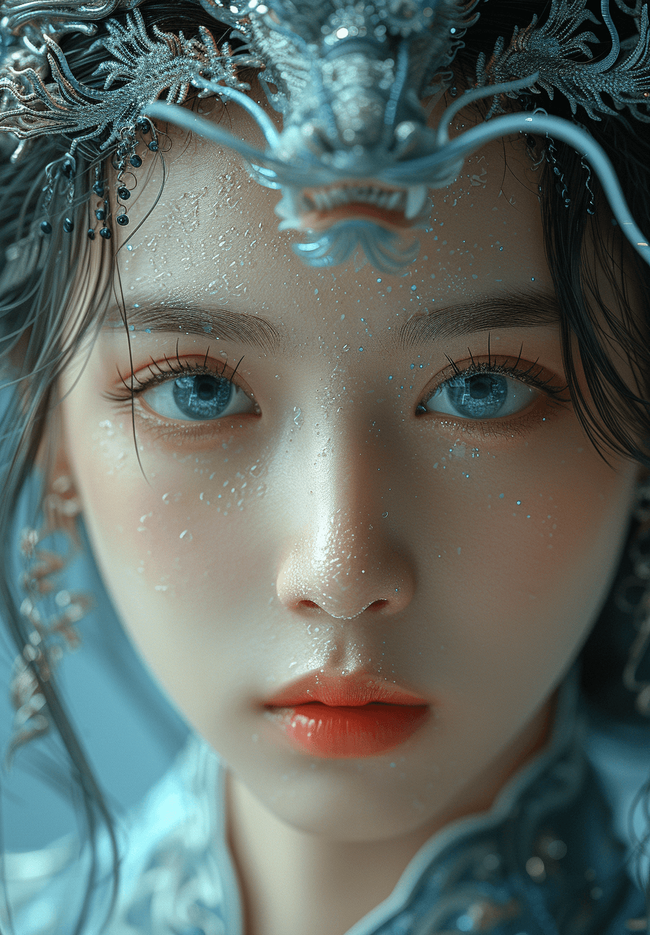 AI generated: an illustration of a chinese girl with blue eyes and an oriental dragon, in the style of realistic m...