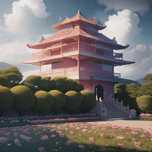 AI generated: Garden China Palace, Many flowers, A few roses, clouds, dramatic clouds above, pink, dreamy ultra wi...