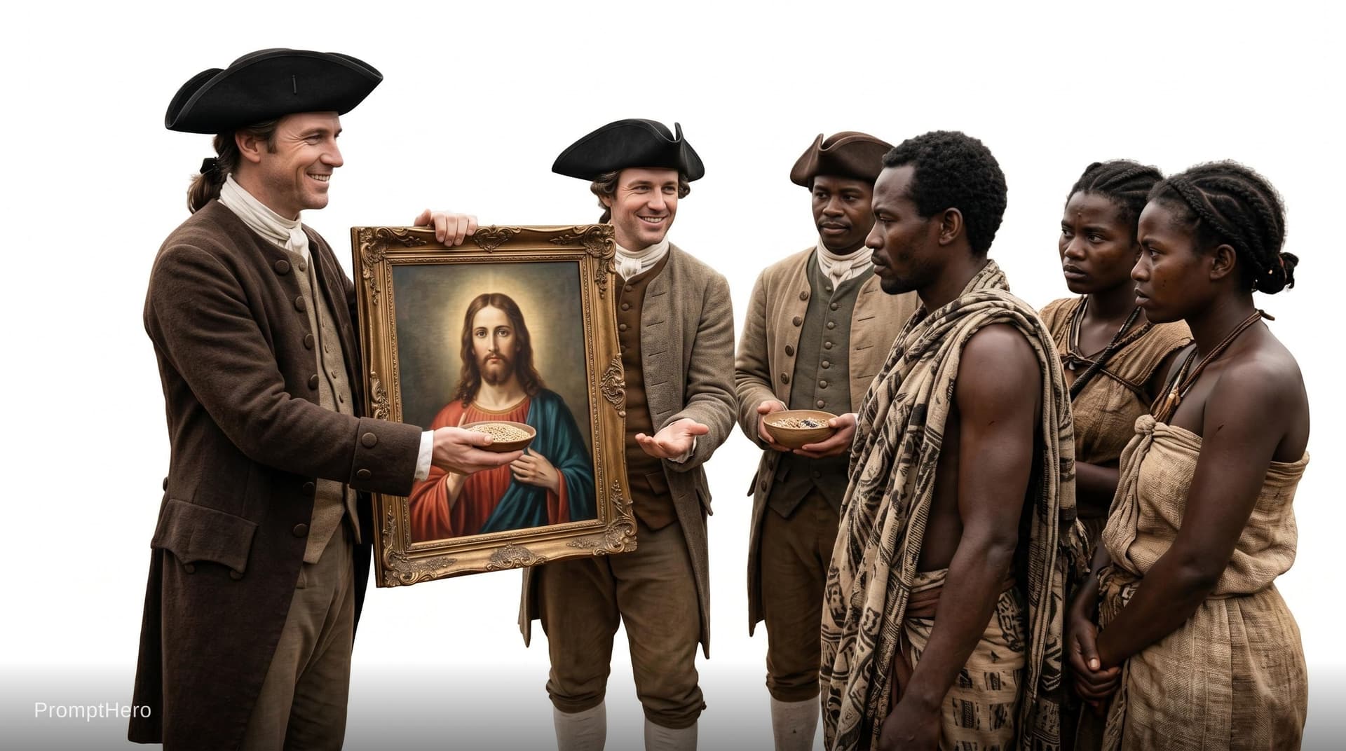 AI generated: make photo realistic photo. COLONIALIST PREACHERS CHRISTIANS SMILING WHILE HOLDING A PICTURE OF WHIT...