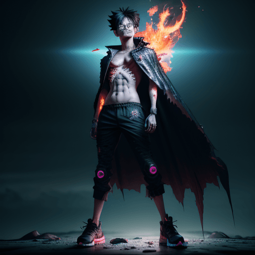 AI generated: Luffy, BEAUTIFUL DEVIL FROM HELL , CAPE OF FIRE, perfect proportion, Cyberpunk Edgerunner style, lat...