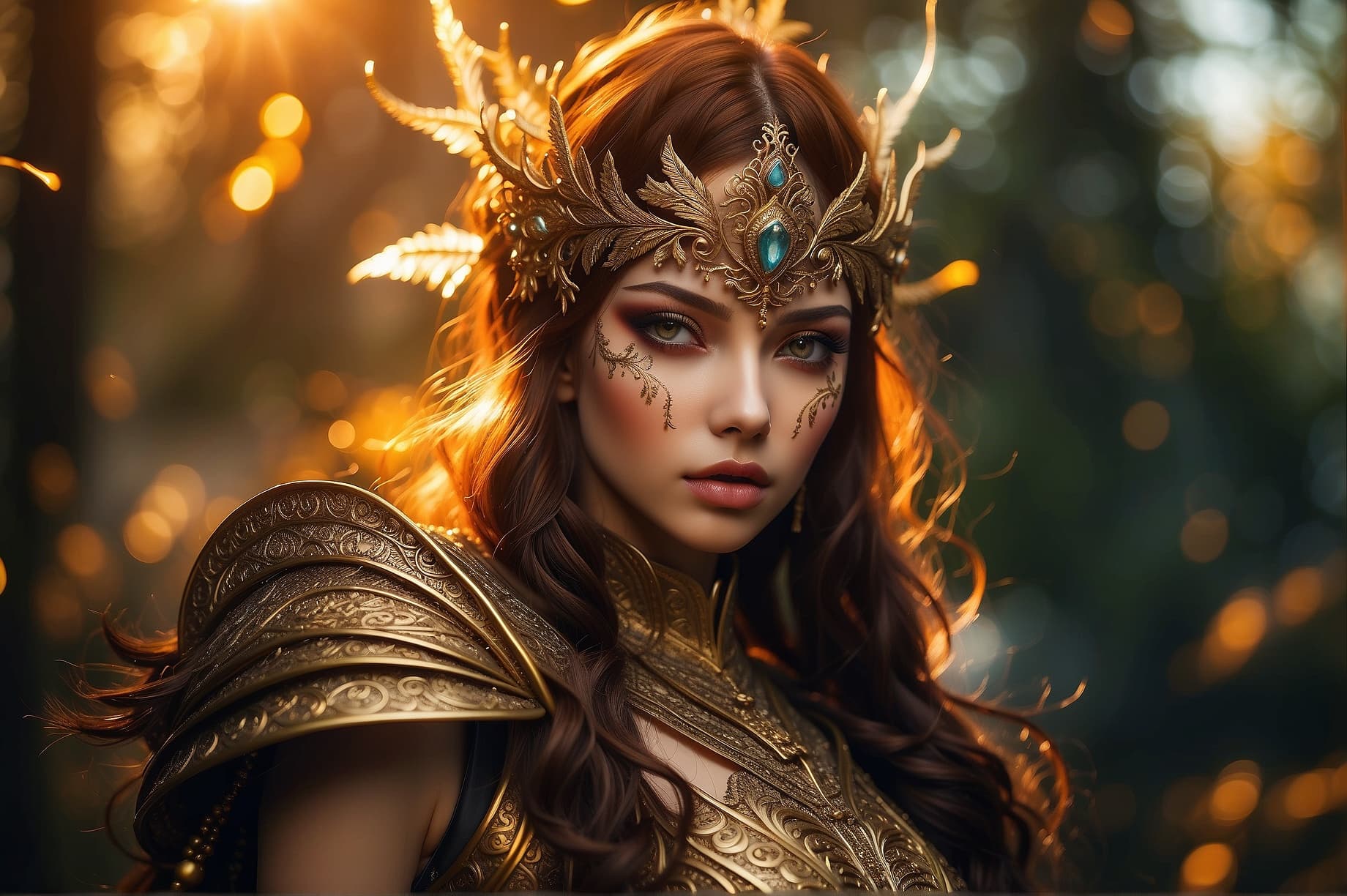 AI generated: Fantasy portrait, ultra detailed photograph of elf woman wearing elf armor with, deep shiny forest o...