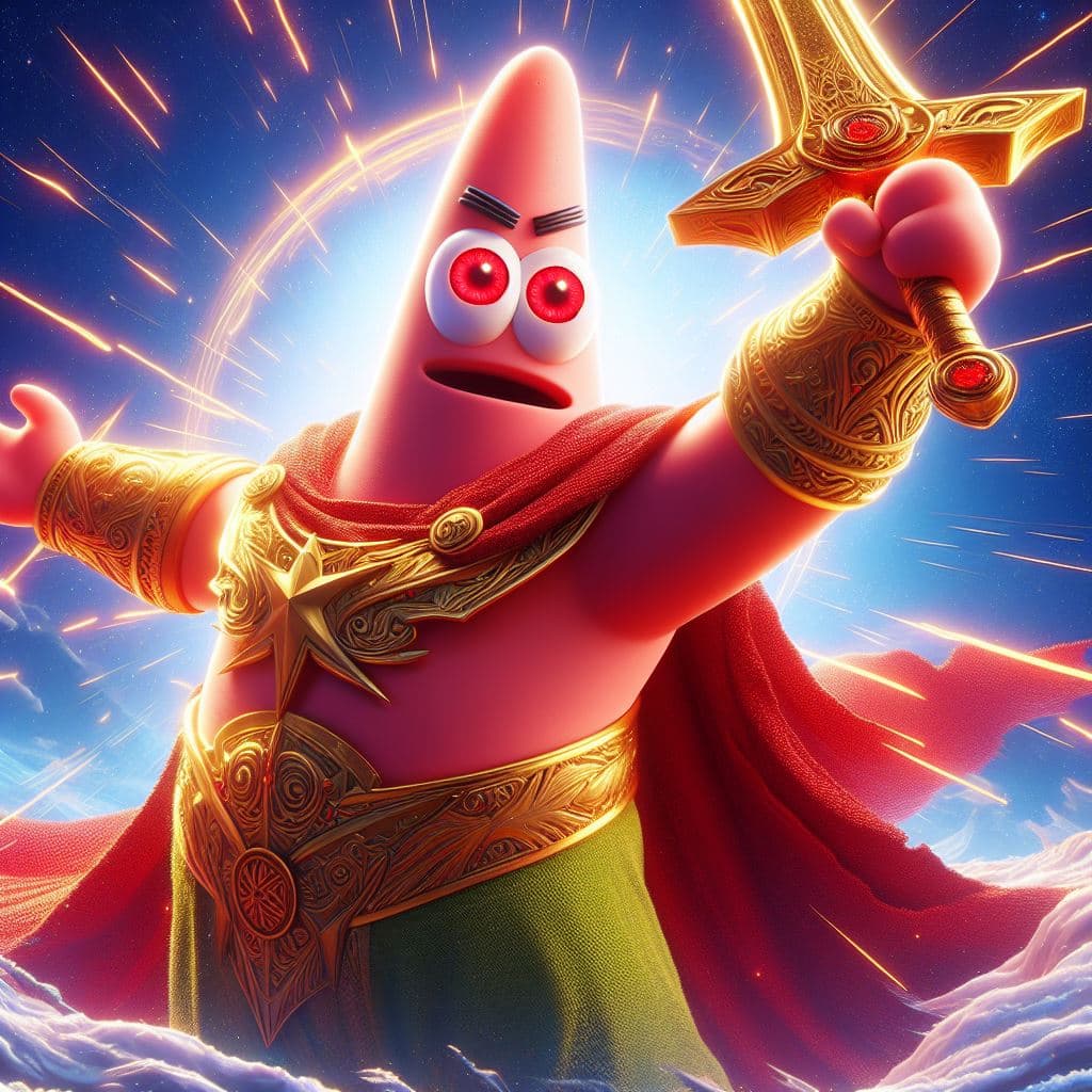 AI generated: Patricio Estrella is the mightiest god using his sword, red eyes, heroic pose, divine and celestial ...