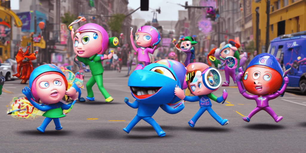 AI generated: the cast of Team Umizoomi fight Nazis in the street, the road is littered with debris and fallen foe...