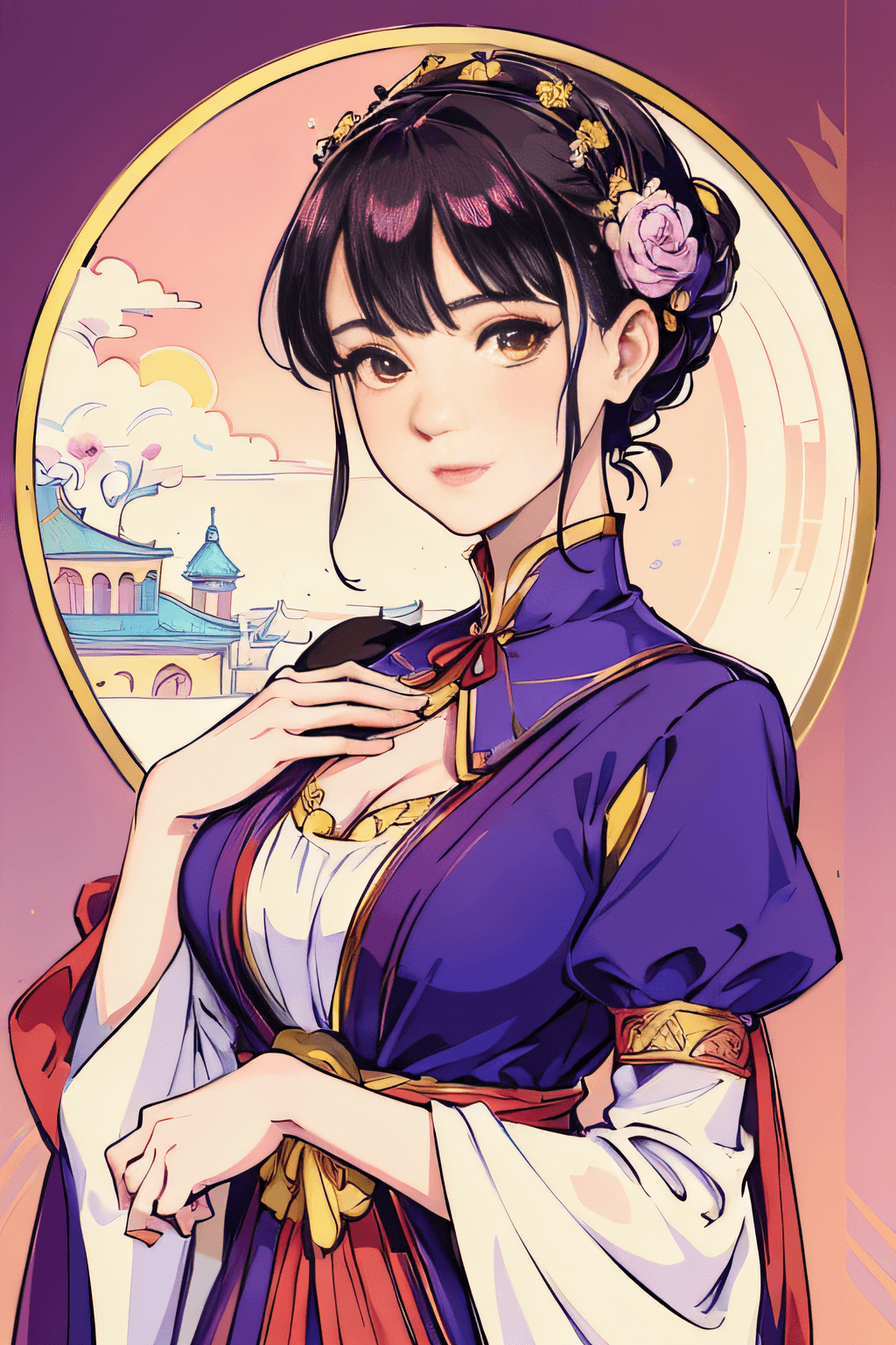 AI generated: a close up of a woman in a dress with a flower in her hair, palace ， a girl in hanfu, beautiful anim...