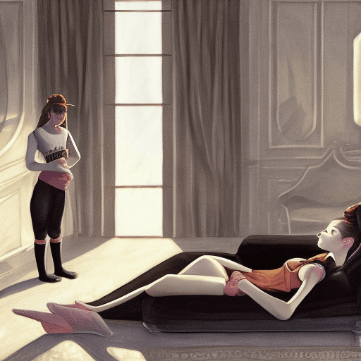 AI generated: 15 year old girl, black sports top, lying down on a sofa in a mansion, servants standing around her,...