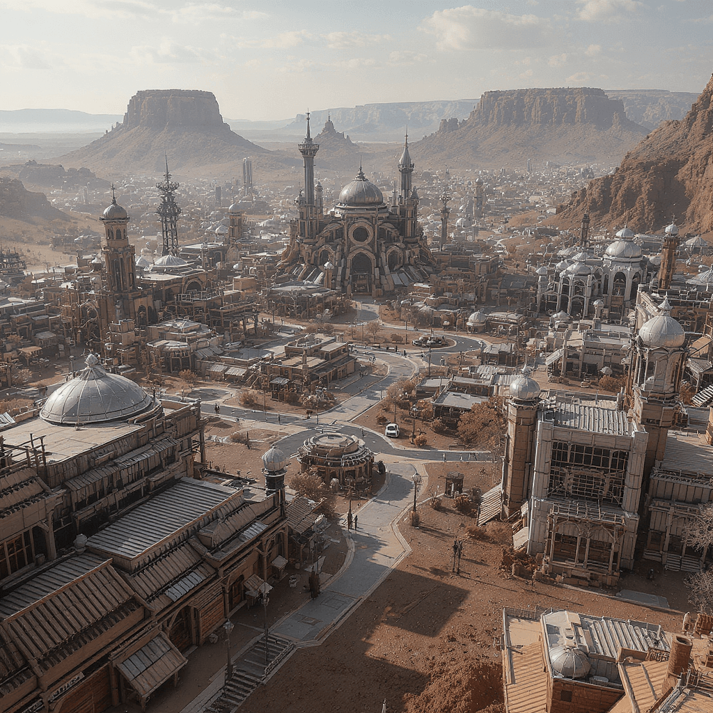 AI generated: Display an aerial view of a sleek, futuristic Old American Western City, a reminder of the rough ter...