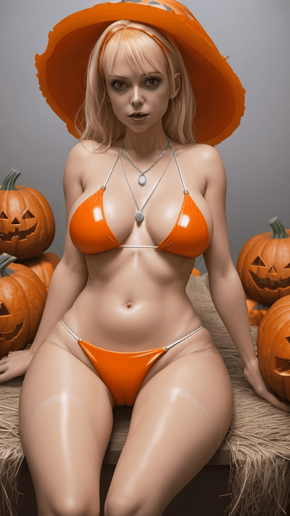 AI generated: a woman dressed in a Halloween costume, adorned with an orange hat, is seated on a white platform su...