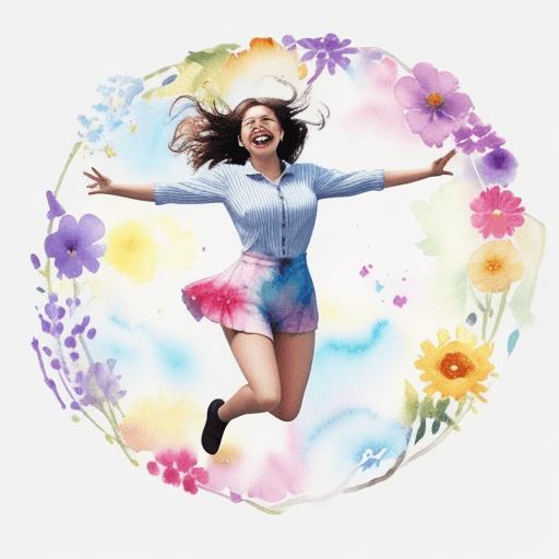 AI generated: a woman jumping and smiling surrounded by flower, joy , colorful, watercolor