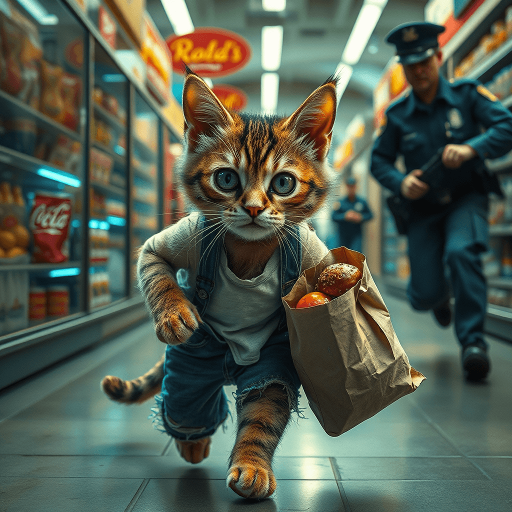 AI generated: a cute kitten running away from a supermarket, while a police officer chases after it