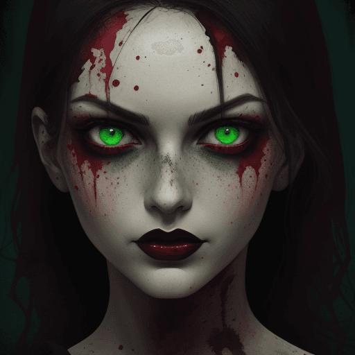 AI generated:  picture of a woman with green eyes, in the style of horror , dark red and black, close up, dotted, ...